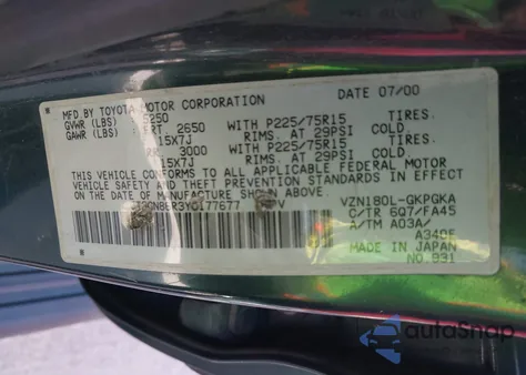 2000 Toyota 4Runner Sr5 V6 z USA, uszkodzony, nr VIN JT3GN86R3Y0177677